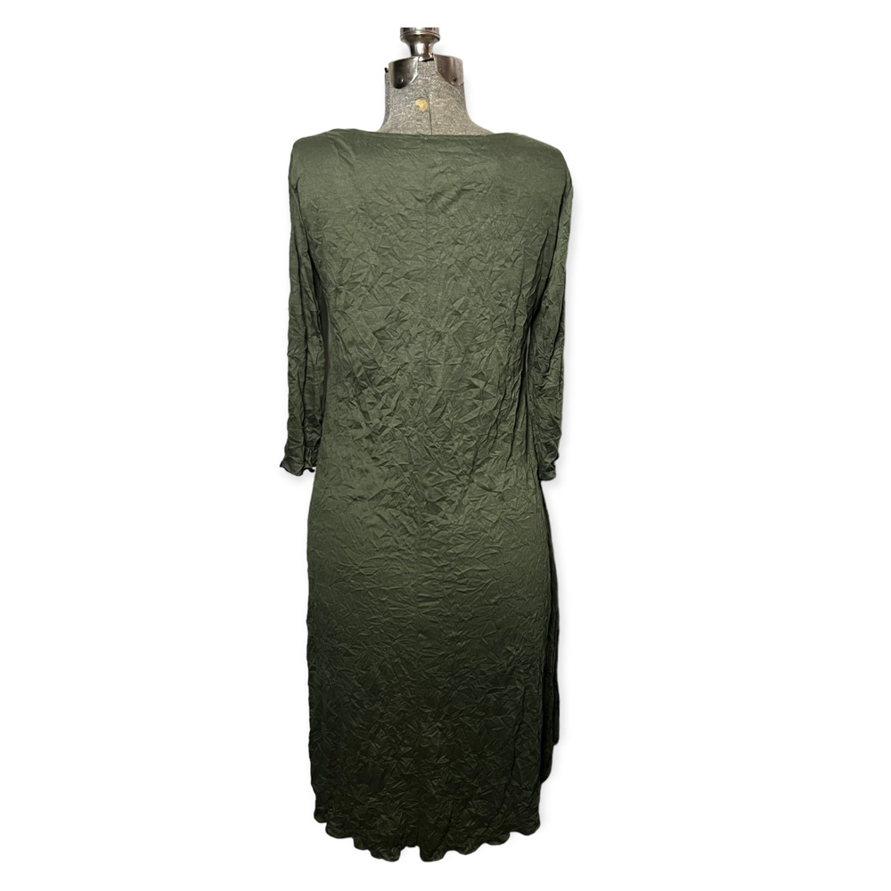 Vintage Lee Andersen Olive Green Rayon Blend Scoop Neck Crinkle Dress Size M - Picture 2 of 16